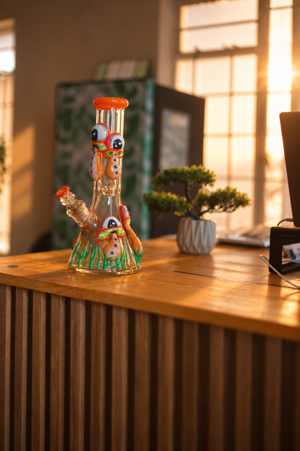 An orange decorated glass piece beside a plant at the Herb Heaven counter