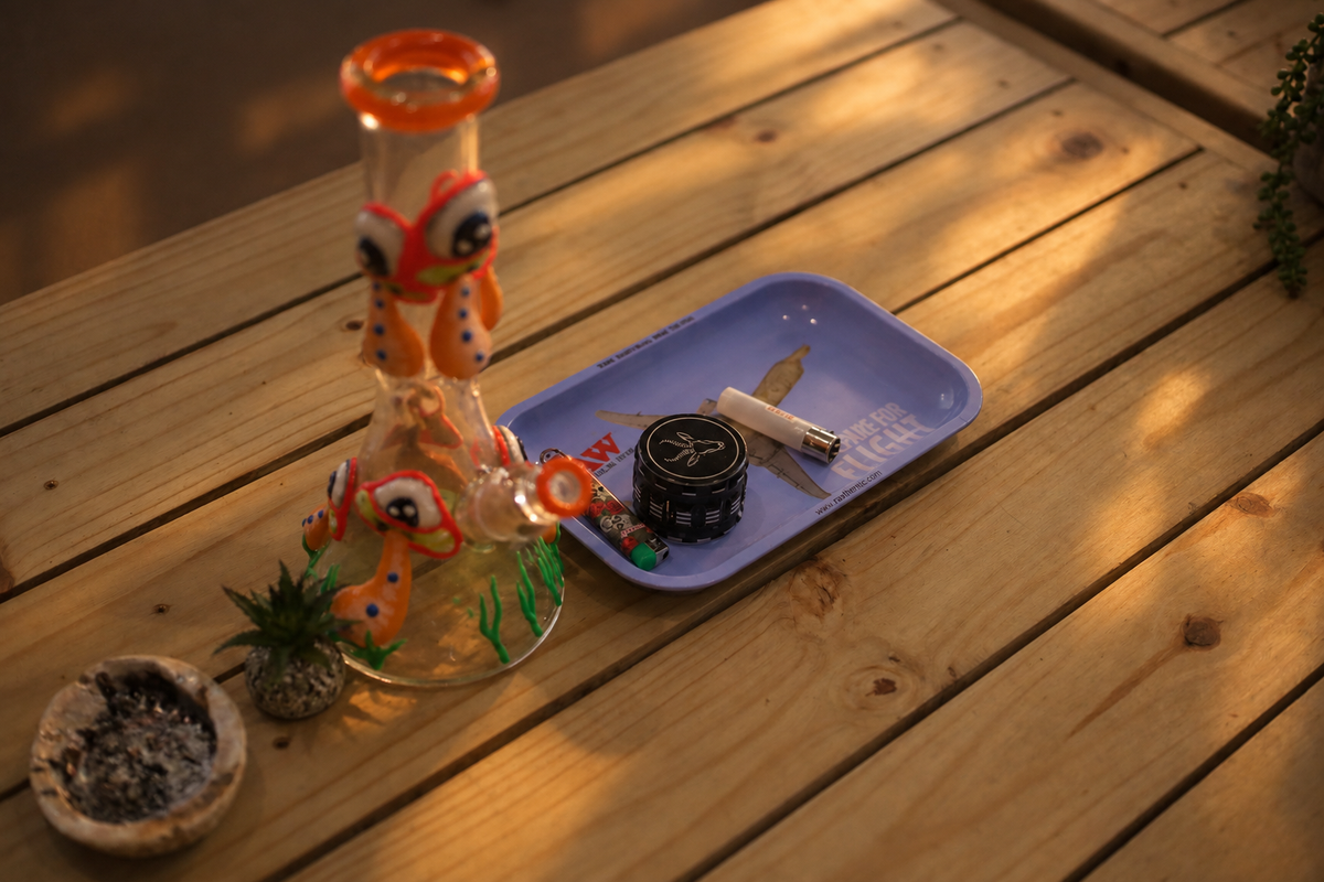 Glassware and everyday accessories on the communal wooden table