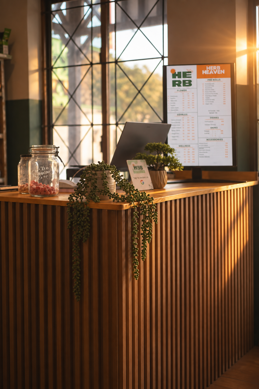 Trailing plants and warm wood at the Herb Heaven counter