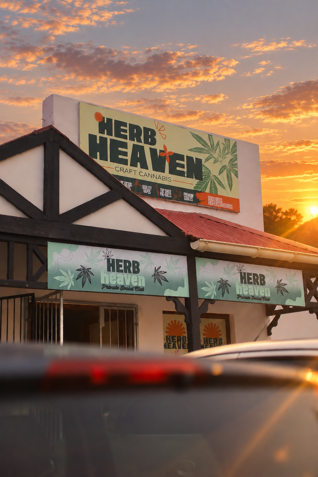 Herb Heaven storefront beneath a golden Jeffreys Bay sunset
