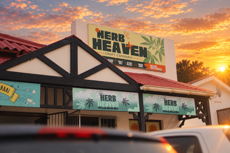 Herb Heaven storefront and signs beneath a golden sunset in Jeffreys Bay