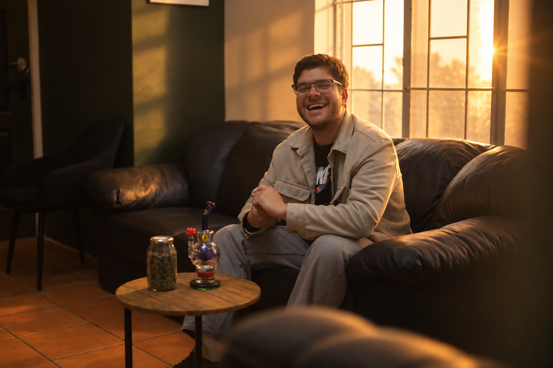 A guest laughing in the sunlit Herb Heaven lounge