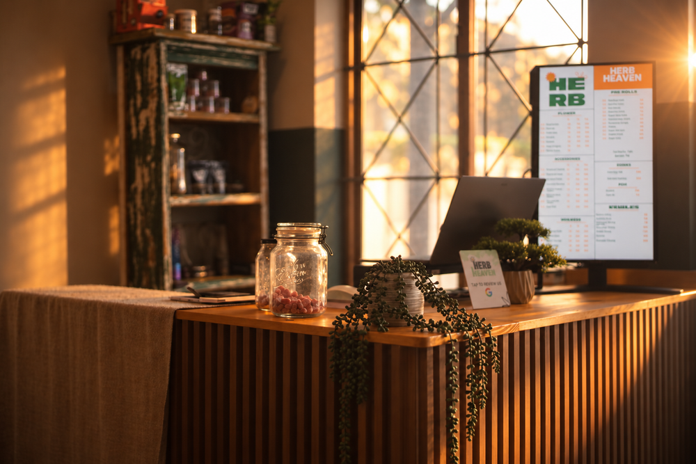The Herb Heaven welcome counter in warm afternoon light