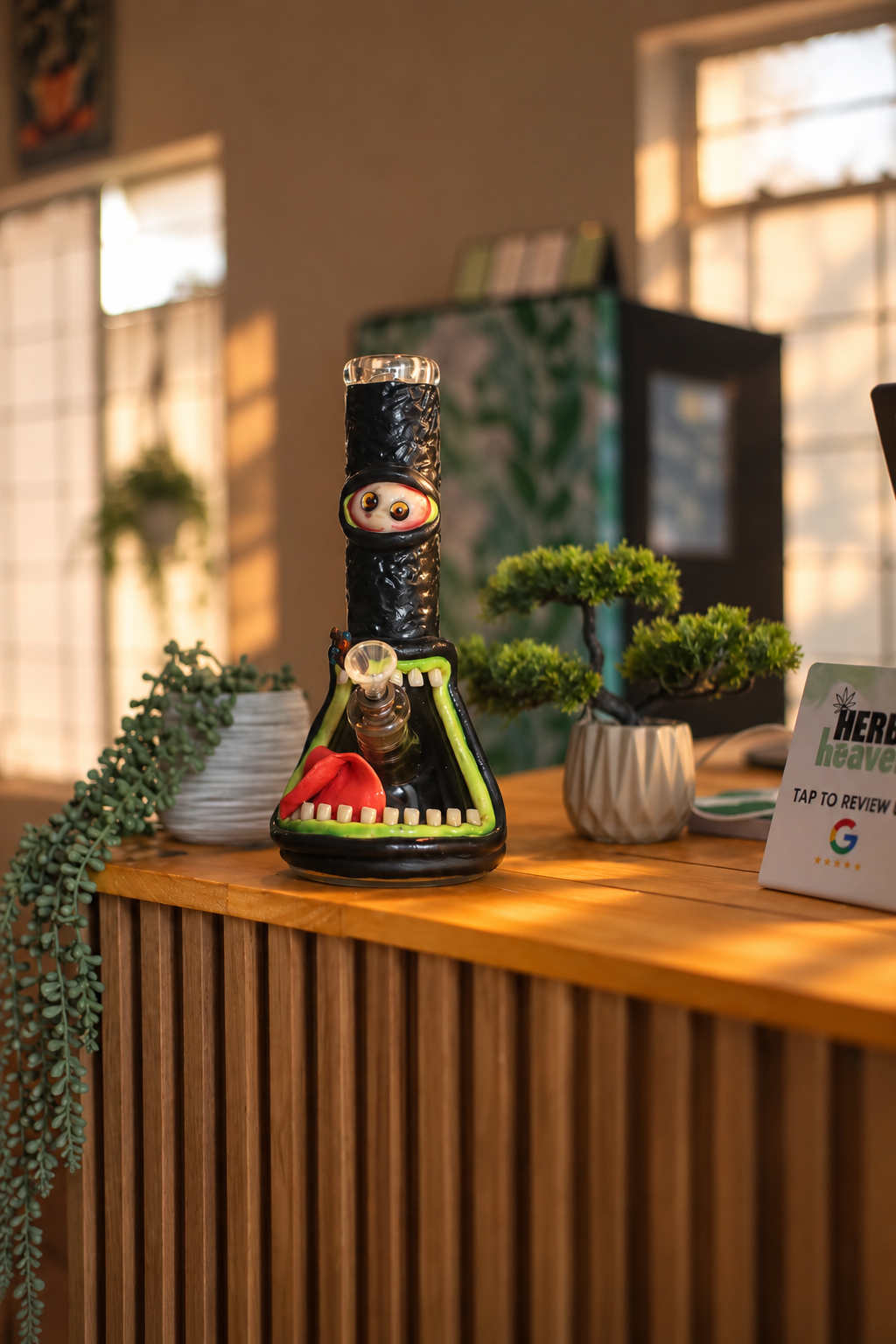 A black character glass piece among green plants on the counter