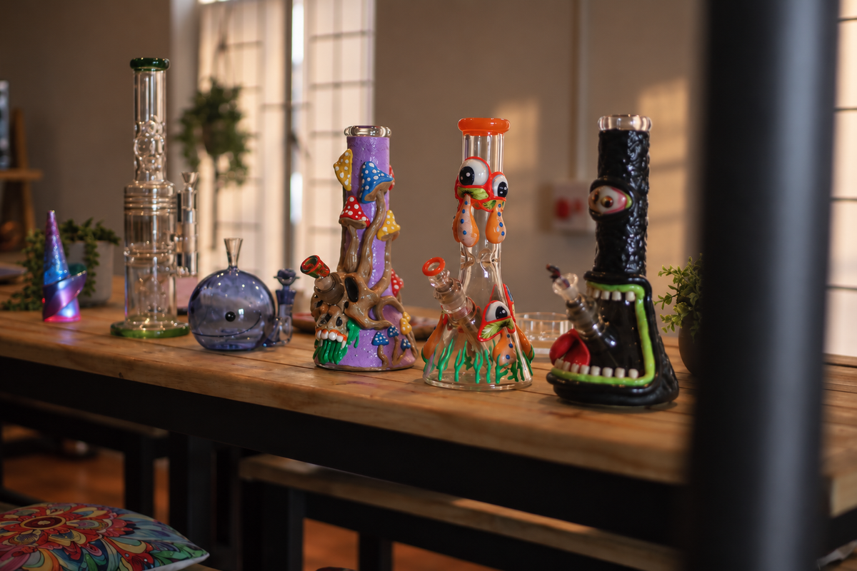 A collection of colourful glassware on the sunlit wooden table